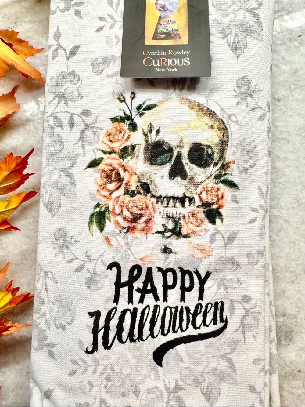 New Cynthia Rowley Happy Halloween Skull & Roses Summerween Hand Towels Set of 3